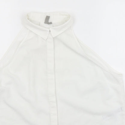 Close-up detail of ASOS women’s white basic button-up, size UK 14