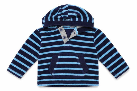 Front view of Gap boys’ blue striped jacket coat, size 6-9, months