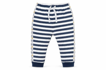 Front view of studio baby boys’ blue striped jersey cami pyjama pants, size 12-18, months - bear