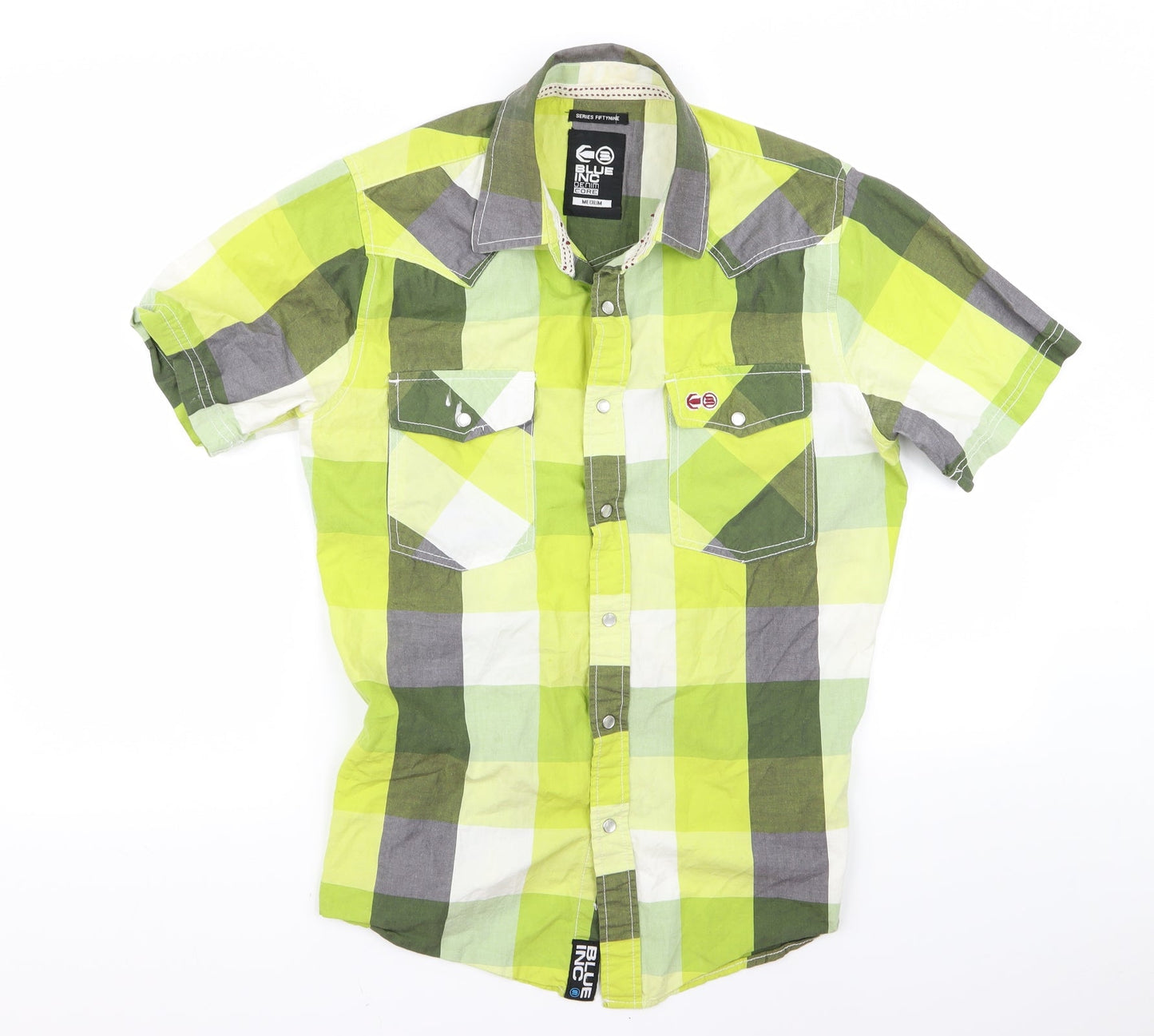 Blue Inc Mens Green Plaid   Button-Up Size M