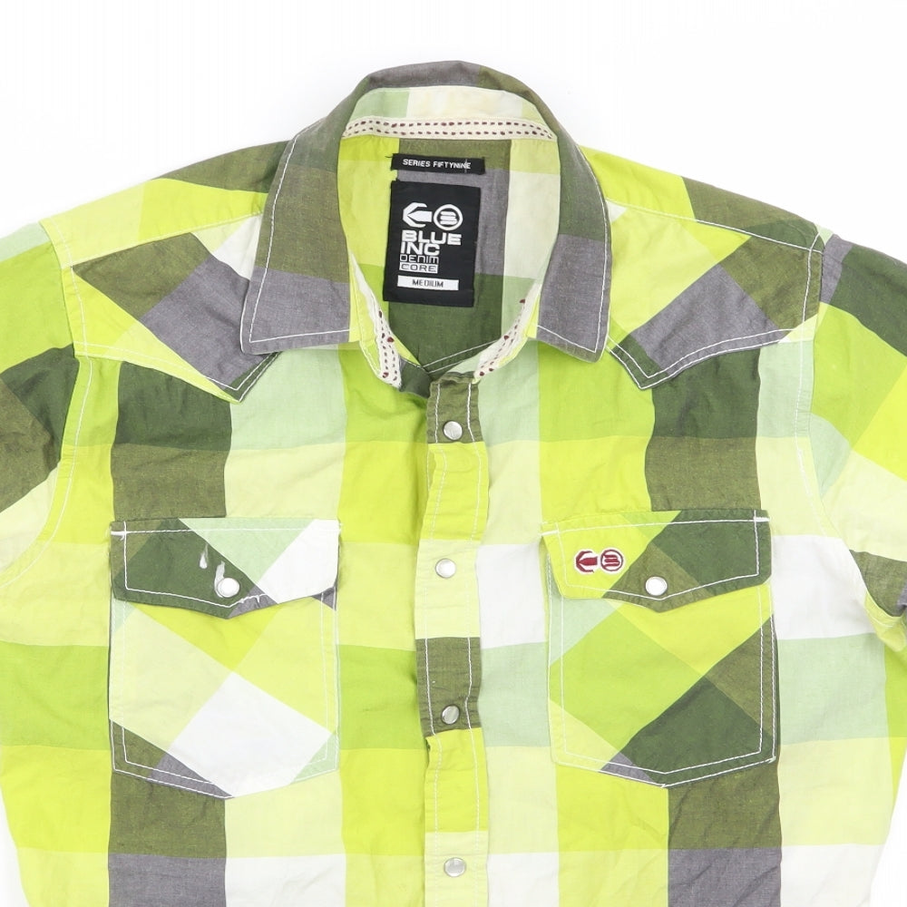 Blue Inc Mens Green Plaid   Button-Up Size M