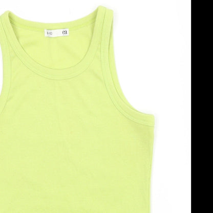 Close-up detail of EA women’s yellow basic t-shirt, size UK 8