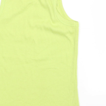 Brand and care label for EA women’s yellow basic t-shirt, size UK 8