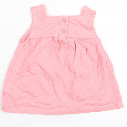 Brand and care label for F&F girls’ pink geometric fit & flare, size 3-6, months