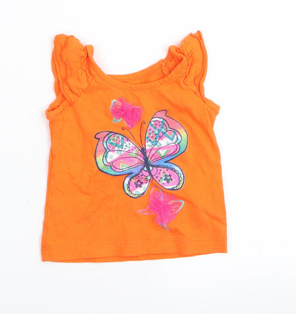 Additional front view of est 1989 place girls’ orange basic tank, size 9-12, months - butterfly print