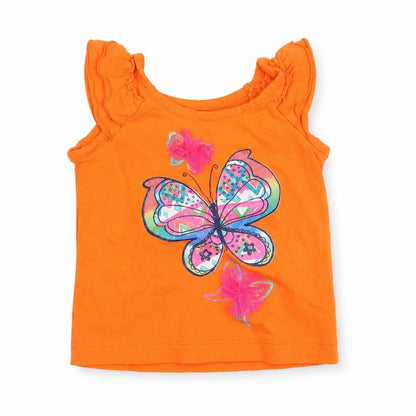 Front view of est 1989 place girls’ orange basic tank, size 9-12, months - butterfly print