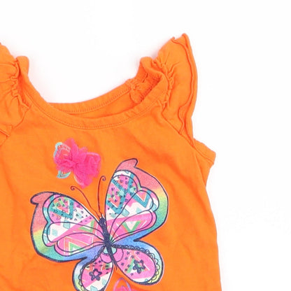 Close-up detail of est 1989 place girls’ orange basic tank, size 9-12, months - butterfly print
