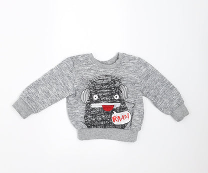 Additional front view of Mini Rebel Baby Grey jumper, size 9-12, Months - monster face