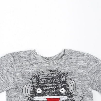 Close-up detail of Mini Rebel Baby Grey jumper, size 9-12, Months - monster face