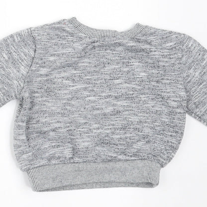 Brand and care label for Mini Rebel Baby Grey jumper, size 9-12, Months - monster face