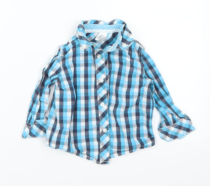 Additional front view of Baby Club boys’ blue check basic button-up, size 12, months