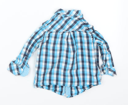 Back view of Baby Club boys’ blue check basic button-up, size 12, months