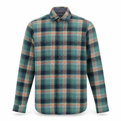 Front view of Easy men’s green plaid button-up, size S