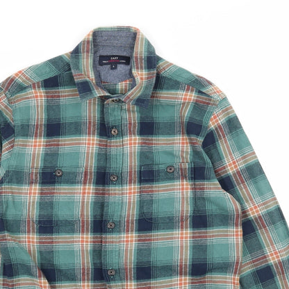 Close-up detail of Easy men’s green plaid button-up, size S