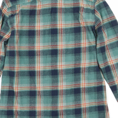 Brand and care label for Easy men’s green plaid button-up, size S