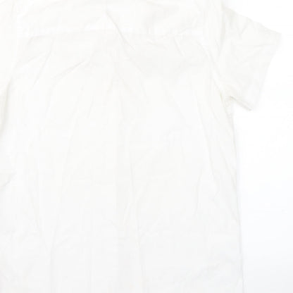 Brand and care label for F&F girls’ white basic button-up, size 13-14, years