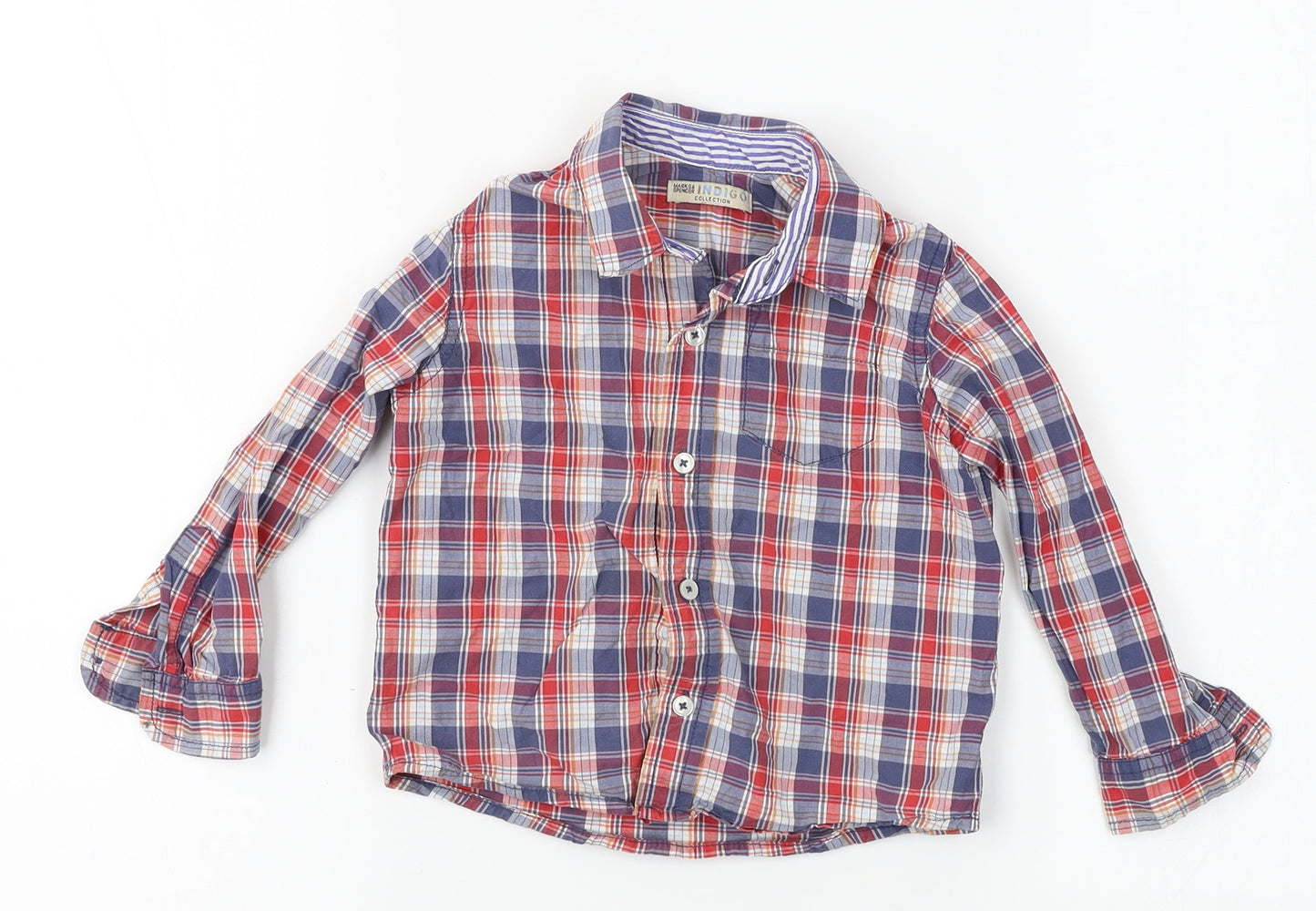 M&S Boys Blue Plaid  Basic Button-Up Size 2-3 Years