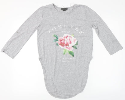 Preloved Primark Womens Grey Floral  Basic T-Shirt Size S - Front