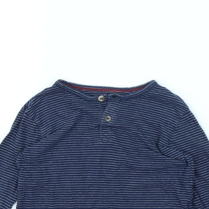 Close-up detail of H&M girls’ blue striped basic t-shirt, size 4, years