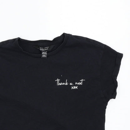 Close-up detail of New Look girls’ black basic t-shirt, size 11, years