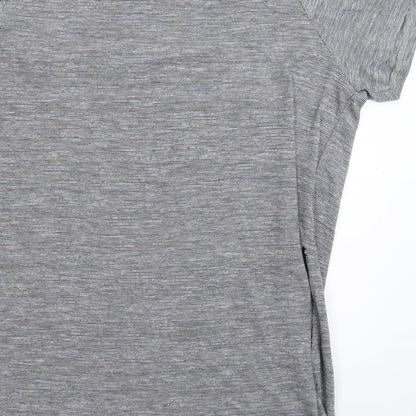 Brand and care label for Atmosphere women’s grey striped basic t-shirt, size UK 12
