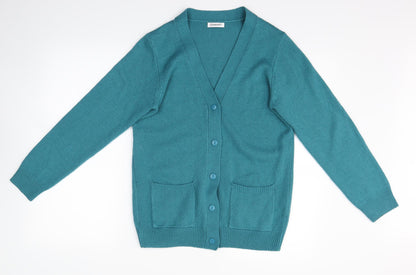 Additional front view of camart women’s blue cardigan jumper, size UK 8