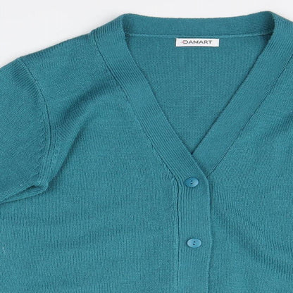 Close-up detail of camart women’s blue cardigan jumper, size UK 8