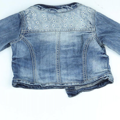 Brand and care label for Next girls’ blue jacket, size 12, months
