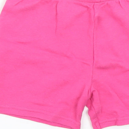 Brand and care label for Disney girls’ pink cropped trousers, size 12-18, months - sweat shorts