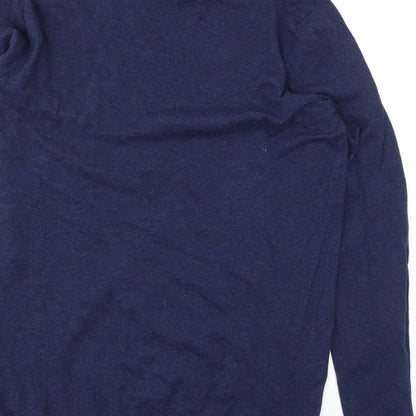 Brand and care label for ASOS men’s blue pullover sweatshirt, size S