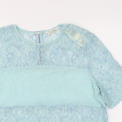 Close-up detail of Miss Selfridge women’s blue basic t-shirt, size UK 12