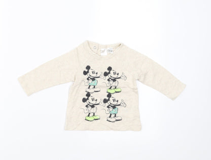 Front view of H&M girls’ beige basic t-shirt, size 3-6, months - mickey mouse
