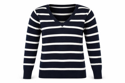 Front view of Atmosphere women’s blue striped jumper, size UK 10