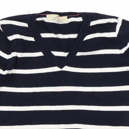 Close-up detail of Atmosphere women’s blue striped jumper, size UK 10
