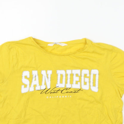 Close-up detail of H&M girls’ yellow basic t-shirt, size 14-15, years