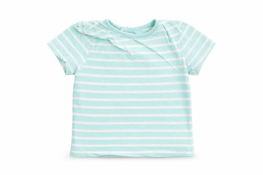 Front view of Young Dimension Baby Blue Striped Basic T-Shirt, size 12-18, Months