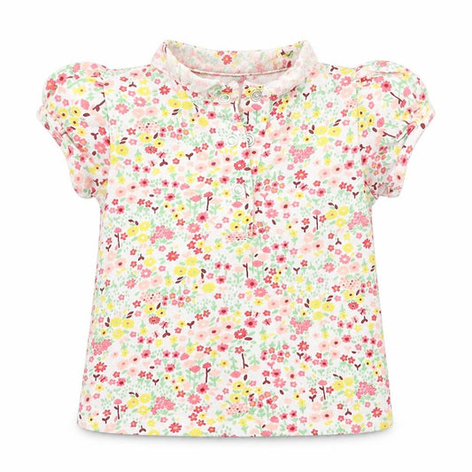 Front view of Nutmeg girls’ white floral basic t-shirt, size 3-6, months