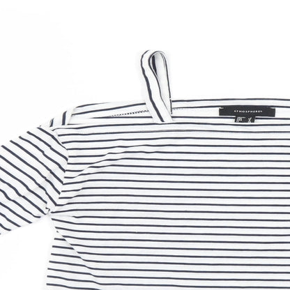 Close-up detail of Atmosphere women’s white striped basic blouse, size UK 4