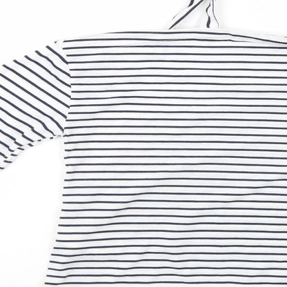 Brand and care label for Atmosphere women’s white striped basic blouse, size UK 4