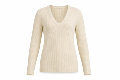 Front view of Dunnes women’s beige knit jumper, size UK 10