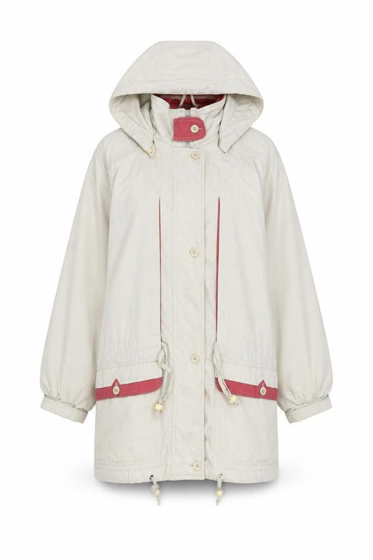 Front view of C&A women’s beige jacket coat, size UK 14, - pink lining