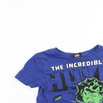 Close-up detail of Asda George boys’ blue basic t-shirt, size 18-24, months - the incredibles