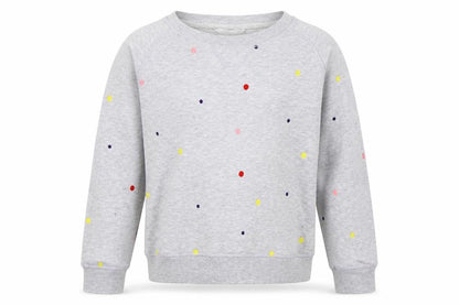 Front view of cotton trade girls’ grey spotted jumper, size 14, years
