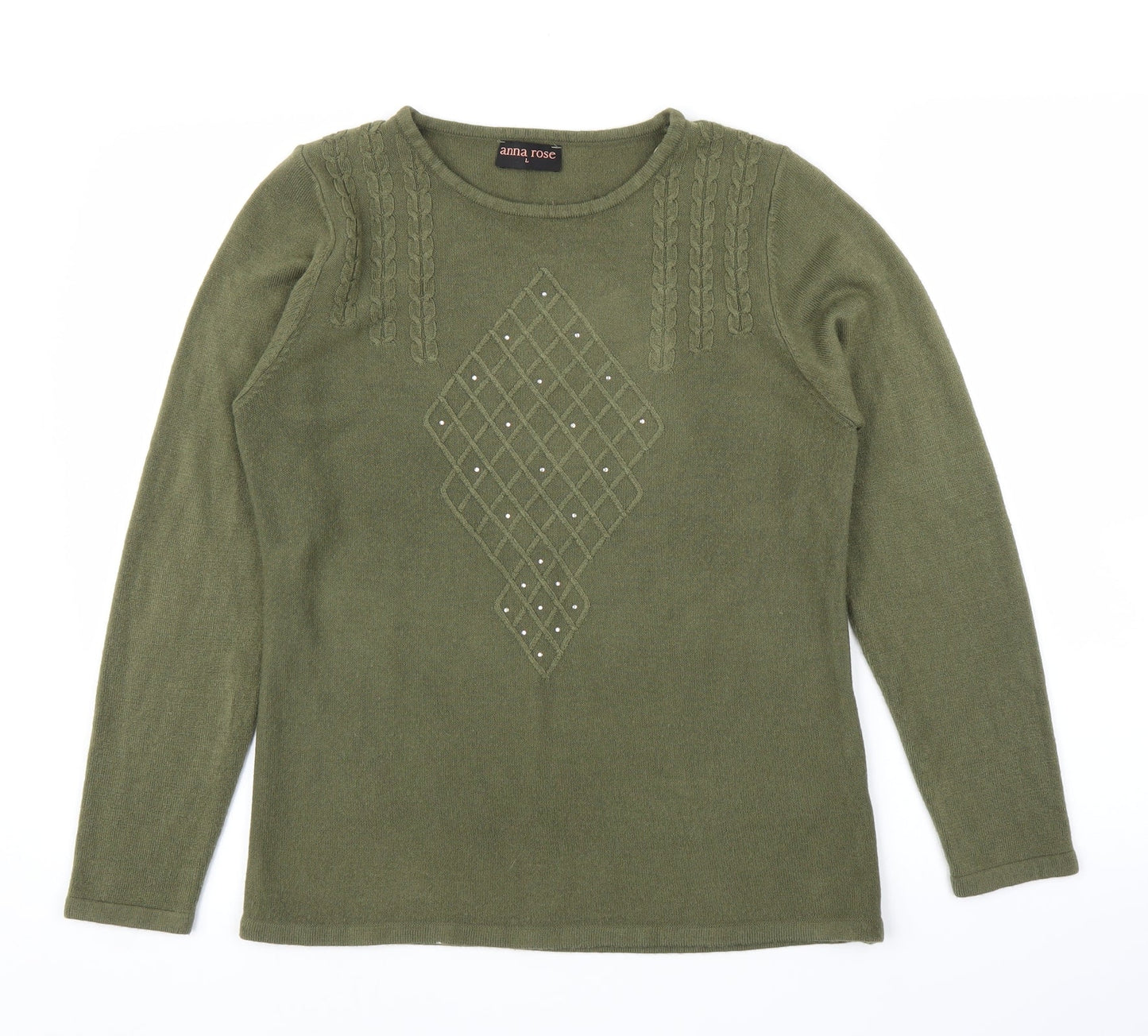 Anna Rose Womens Green Argyle/Diamond  Pullover Jumper Size L