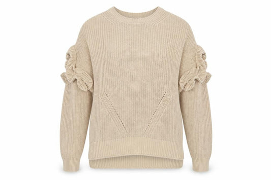 Front view of Miss Selfridge women’s beige knit jumper, size UK 12