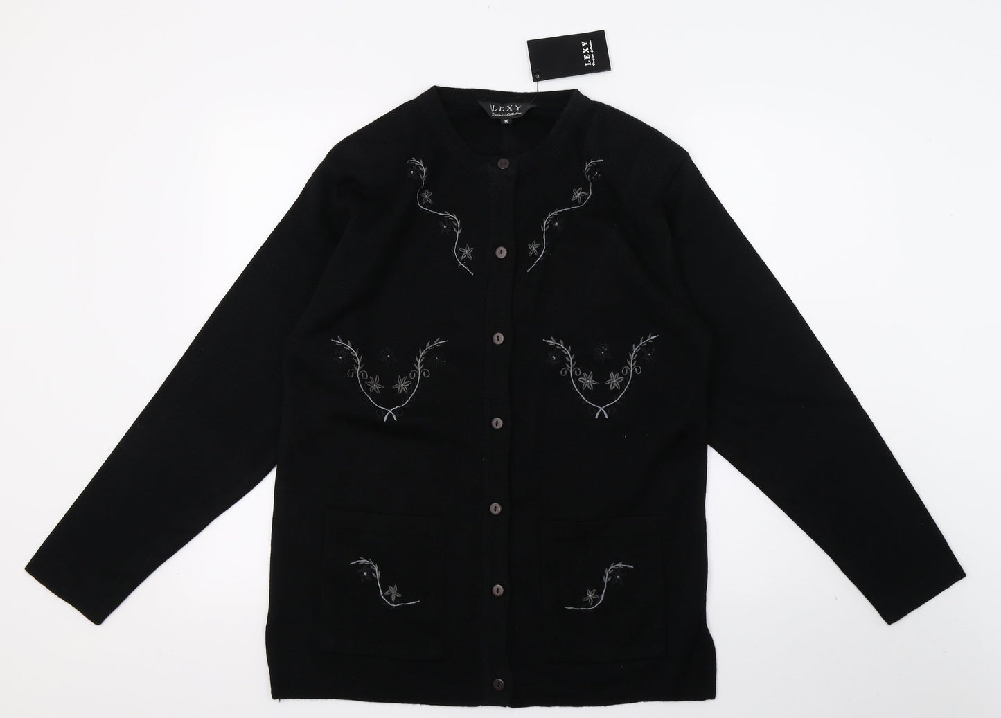 LEXY Womens Black Floral Knit Cardigan Jumper Size M