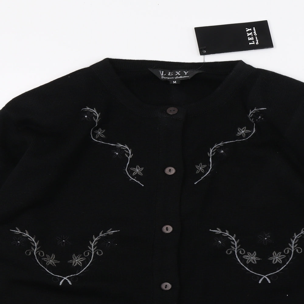 LEXY Womens Black Floral Knit Cardigan Jumper Size M