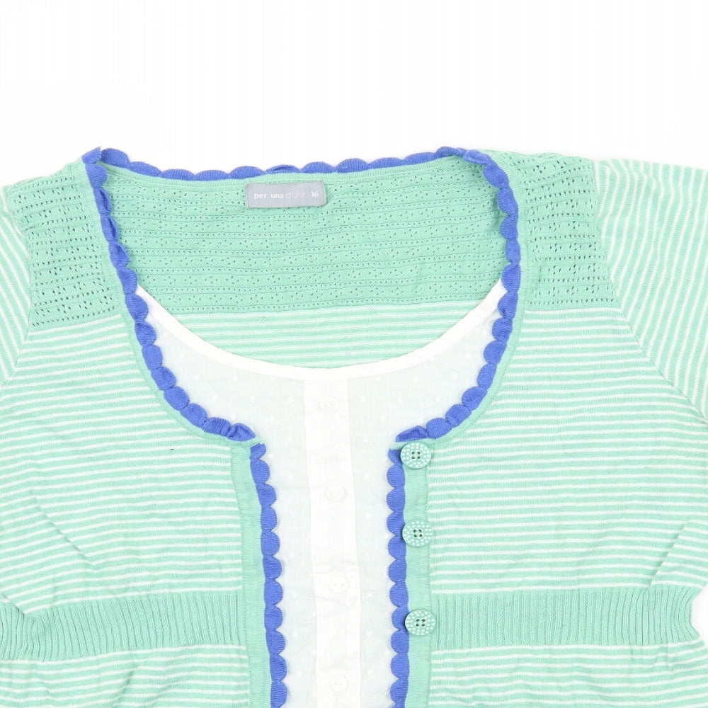 Per Una Womens Green Striped Knit Basic Blouse Size 16