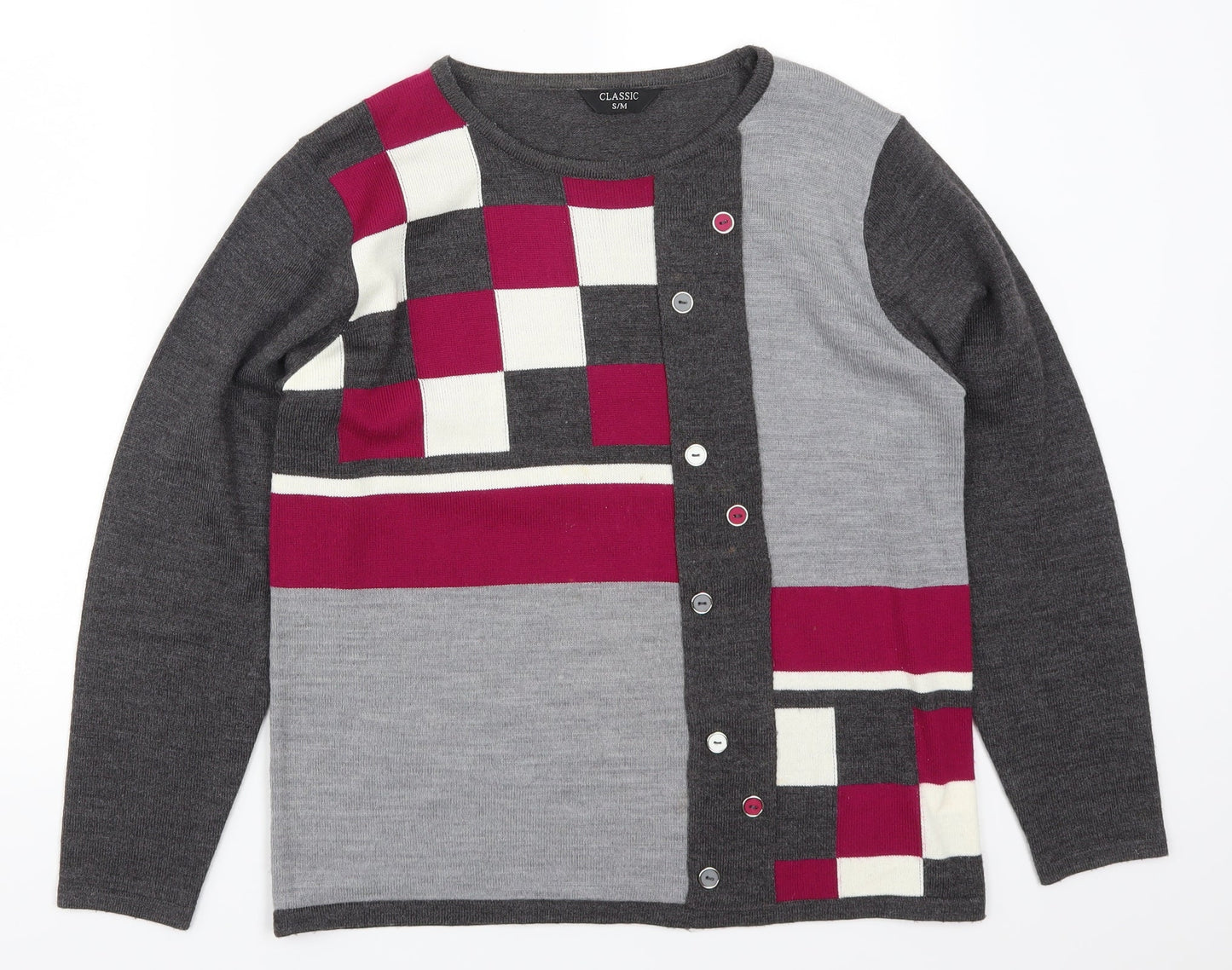 Classic Womens Grey Geometric  Pullover Jumper Size S  - Pink
