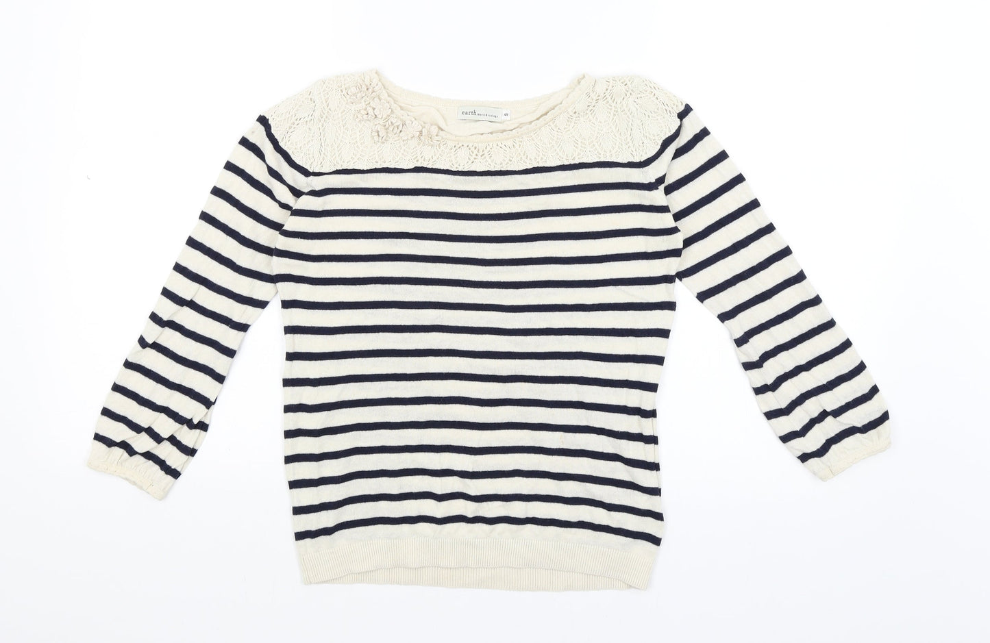 Earth Womens Ivory Striped  Basic T-Shirt Size S